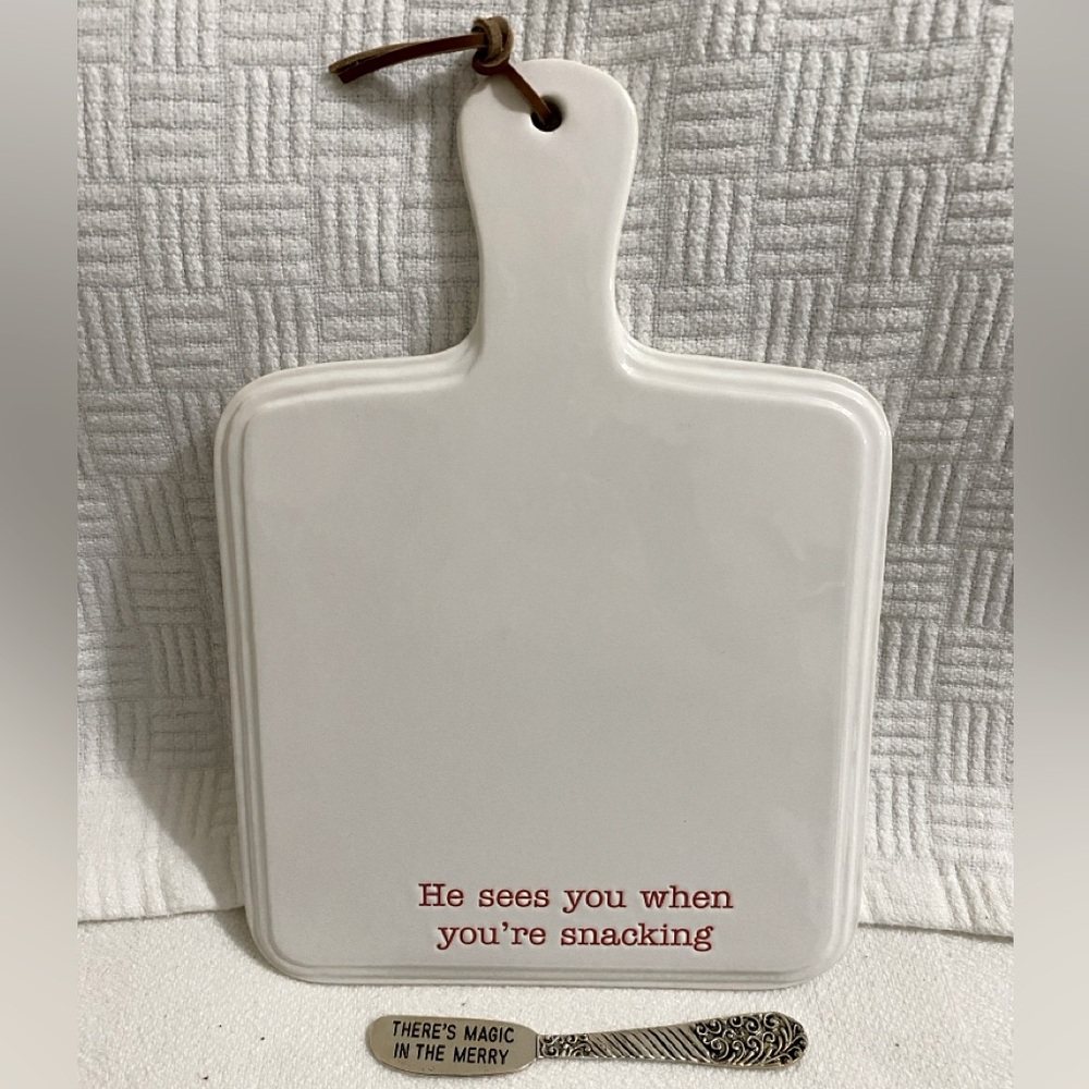 White Ceramic Cheese Board with Red Text